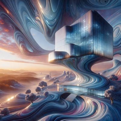 The primary subject of the image is a futuristic building with a unique design, resembling a giant glass box. The building is situated in a landscape that includes a forest and a mountain range. The setting appears to be a mix of natural and artificial elements, creating a visually striking scene. The visual style of the image is digital art, as it is a computer-generated representation of the building and its surroundings. The colors and mood of the image are predominantly blue and purple, giving it a serene and otherworldly atmosphere.